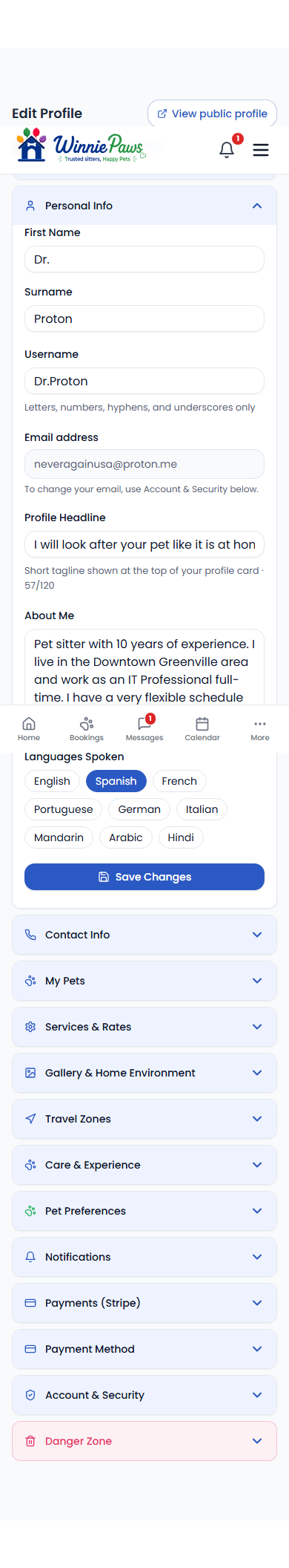 Sitter Settings page with Personal Info section expanded