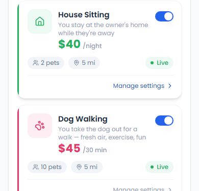 Service cards for House Sitting and Dog Walking, each toggled Live with its own rate and radius