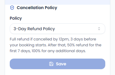 Cancellation Policy dropdown set to 3-Day Refund Policy