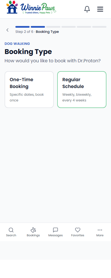 Booking type step with Regular Schedule selected