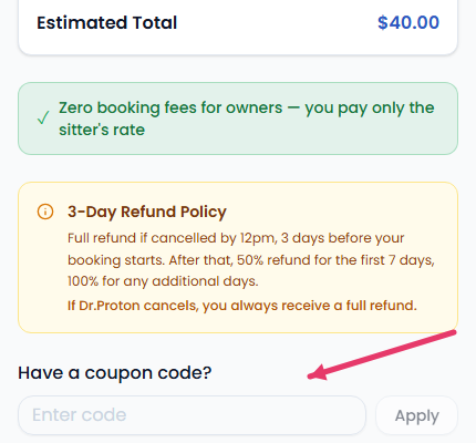 Review & Pricing step with a red arrow pointing at the Have a coupon code? field