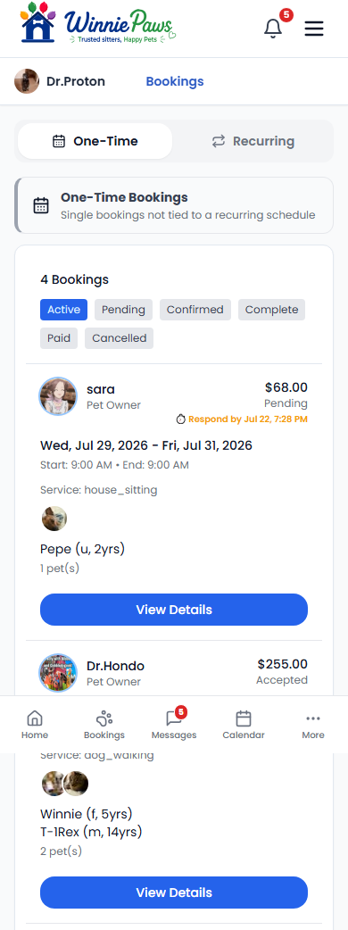 Bookings list showing a pending request and an accepted booking, each with a View Details button