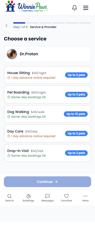 Choose a service step of the booking wizard