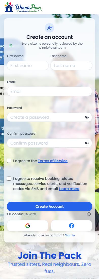 WinniePaws sign up form with name, email, password, and consent checkboxes