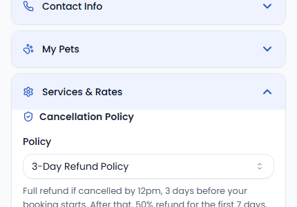 Services & Rates settings showing the Cancellation Policy field set to 3-Day Refund Policy