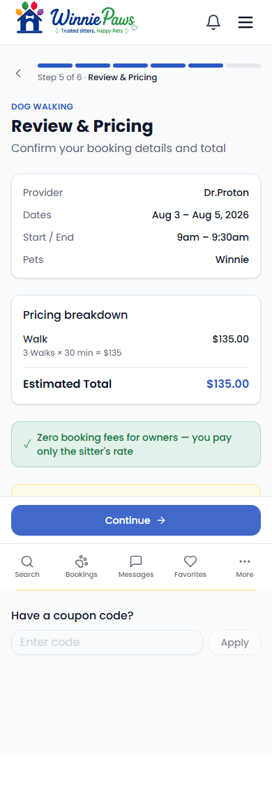 Review and pricing step of the booking wizard