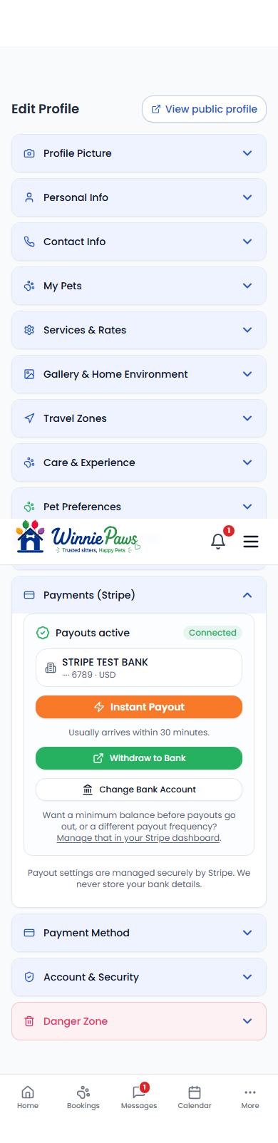 Stripe Connect settings showing a connected bank account