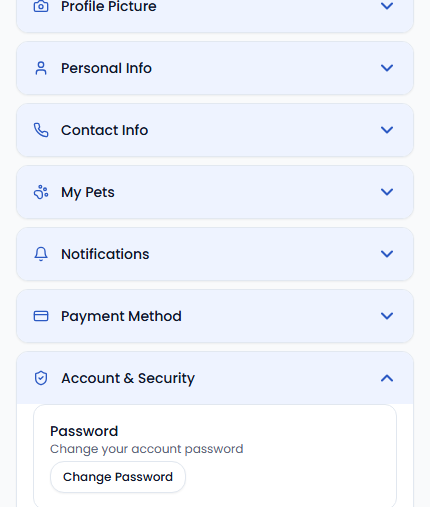 Account & Security settings section showing the Change Password button and account email