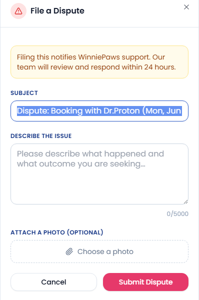 File a Dispute modal with subject, description, and optional photo attachment fields