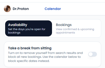 Calendar tab showing the Take a break from sitting toggle