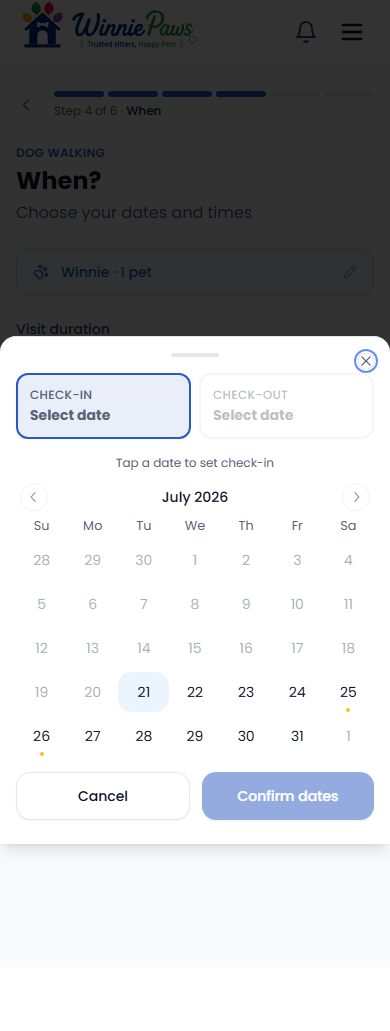 Check-in and check-out date picker