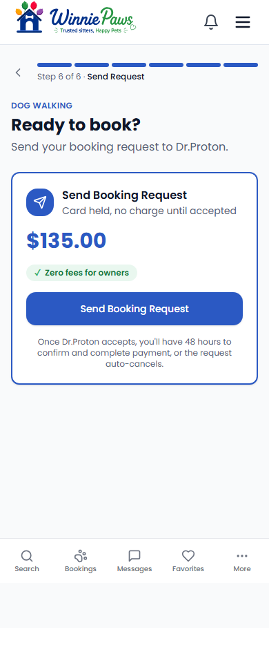 Send booking request step showing the card-hold explanation