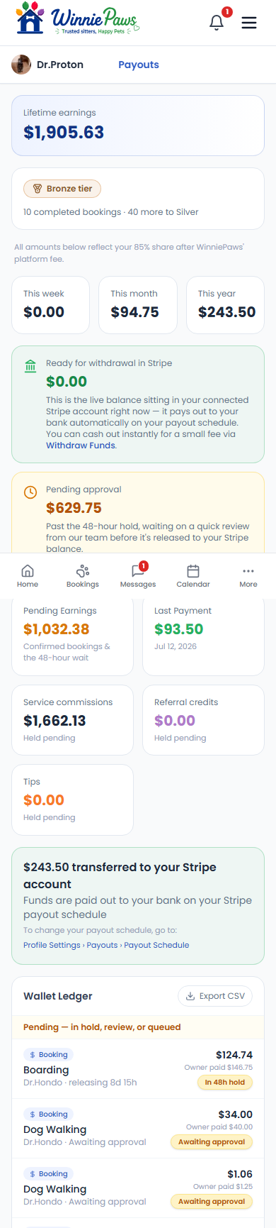 Payouts dashboard showing lifetime earnings, tier, and pending/ready balances