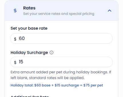 Service rate settings showing the Holiday Surcharge field with a live per-pet total calculation