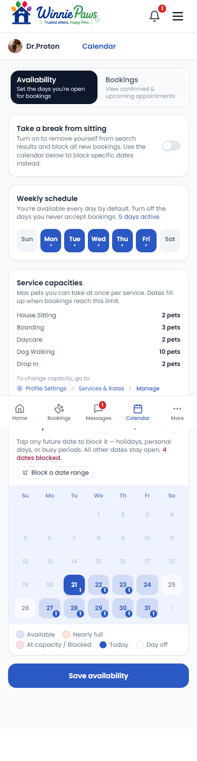 Availability view with weekly schedule, service capacities, and block specific dates